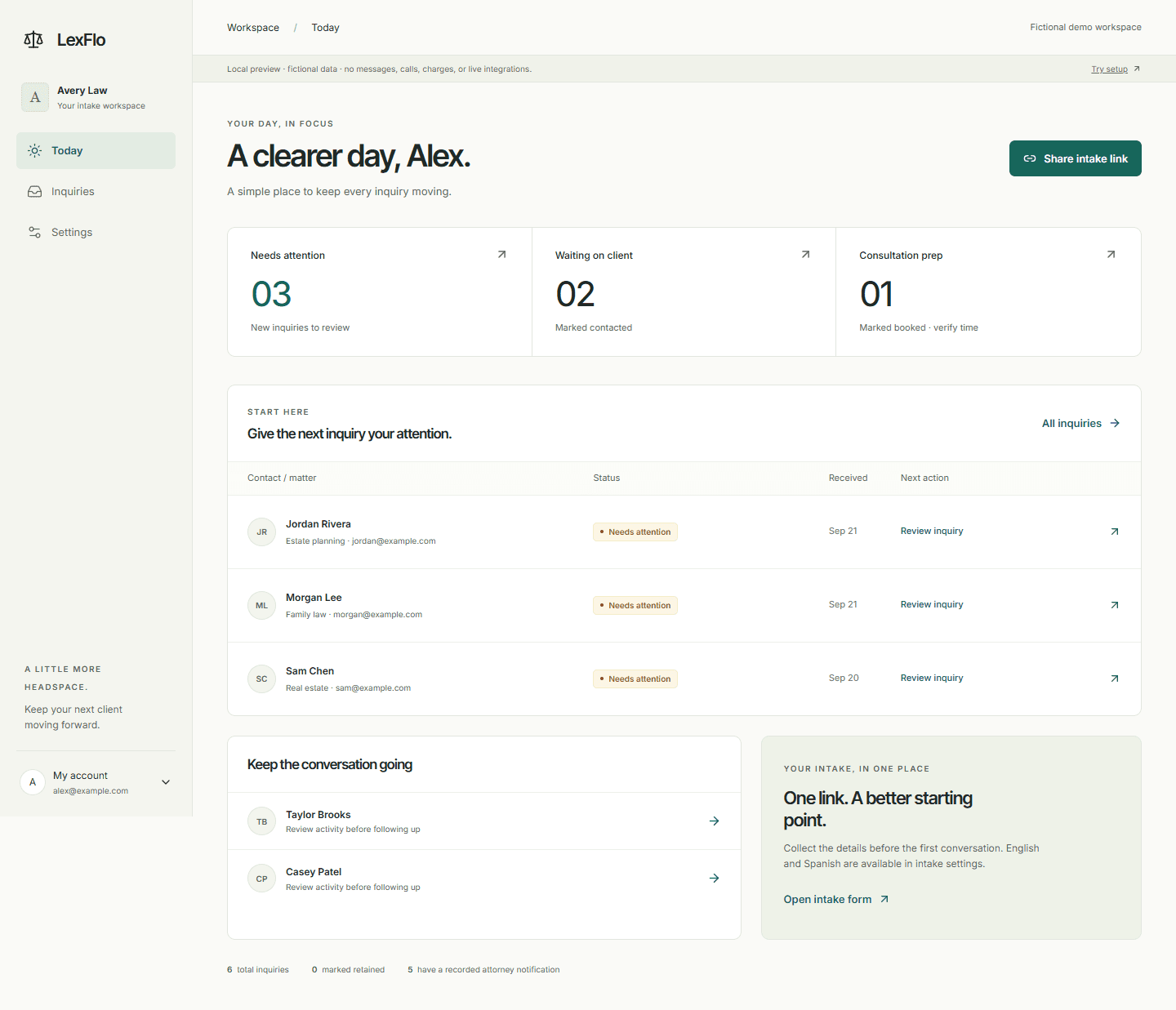 LexFlo Today screen showing new inquiries, waiting clients, and recorded consultation statuses using fictional data